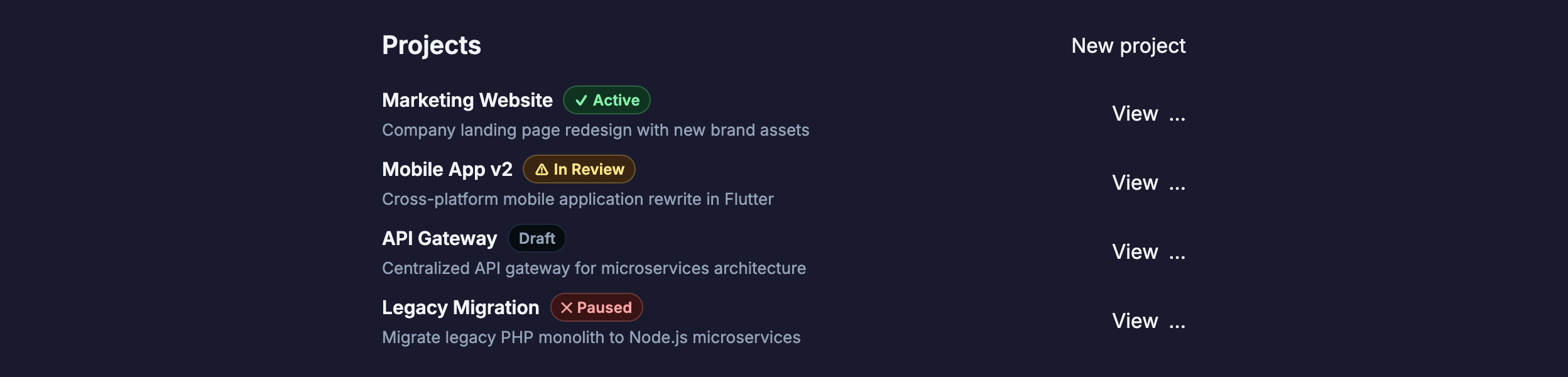 Data List with Actions in Angular, dark mode