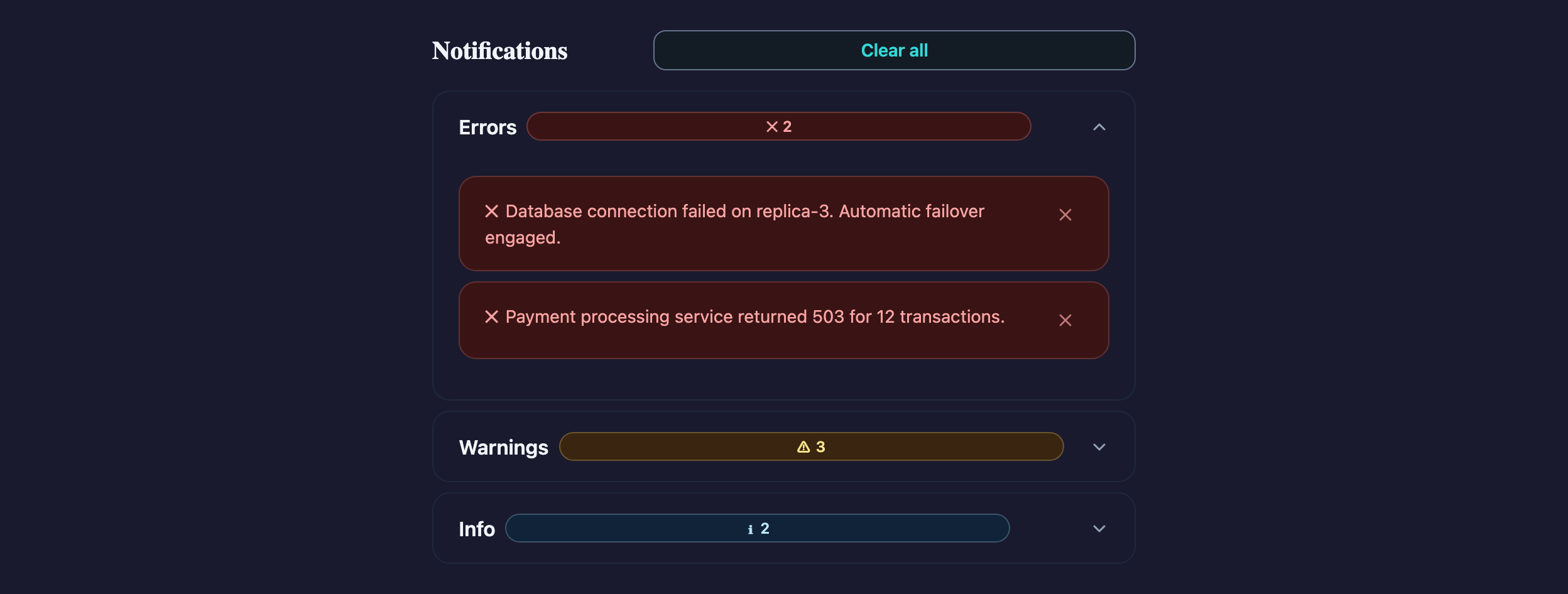Notification Center in Vue, dark mode