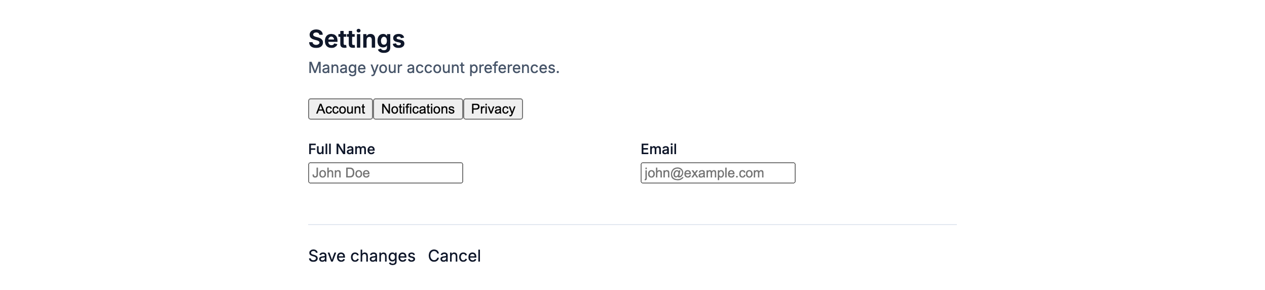 Settings Page in Angular, light mode